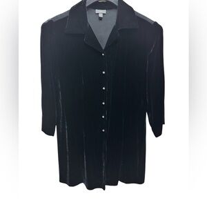 J. JILL Black Mixed Media Velvet & Lace Tunic Blouse w/Ornate Buttons Silk Sz MP